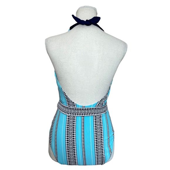 NWT Lemlem turquoise navy white tribal stripe belted swimsuit size medium - Picture 8 of 16